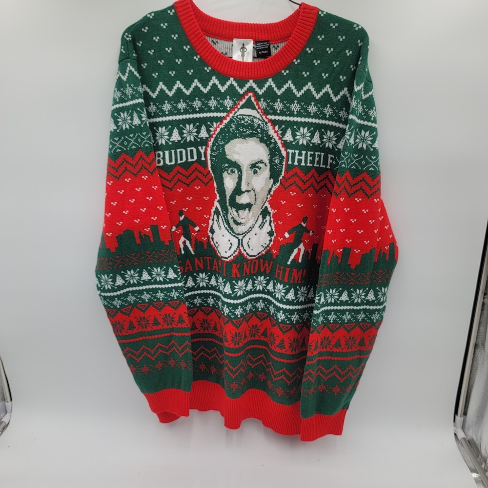 Elf Buddy the Elf Ugly Christmas Sweater Santa I Know Him Green Red Mens XL
